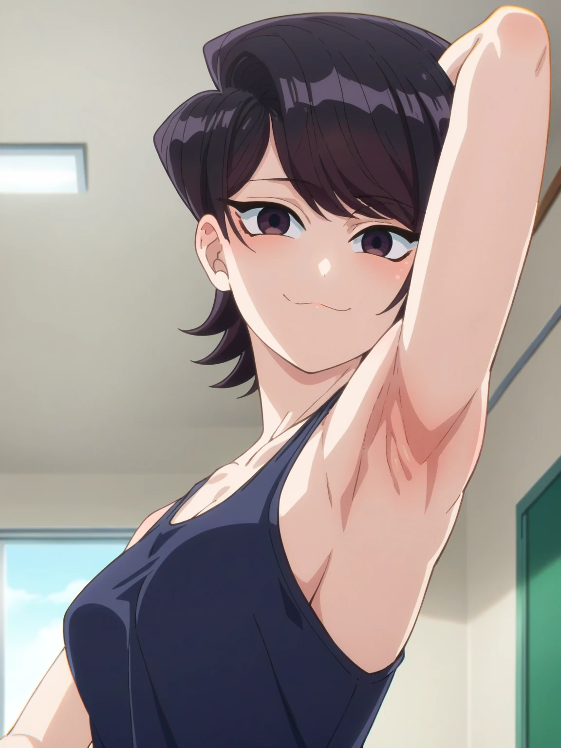 score_9, score_8_up, score_7_up, source_anime, anime screencap, 1girl, solo, indoors, day, Komi Shouko, purple eyes, black hair, short hair, bangs, medium breasts, black tanktop, bare shoulders, bare arms, looking at viewer, eye contact with viewer, head towards viewer, smile, (smug:0.9), closed mouth, arm behind head, armpit, armpit up close, close-up of armpit, from side, from below, detailed armpits