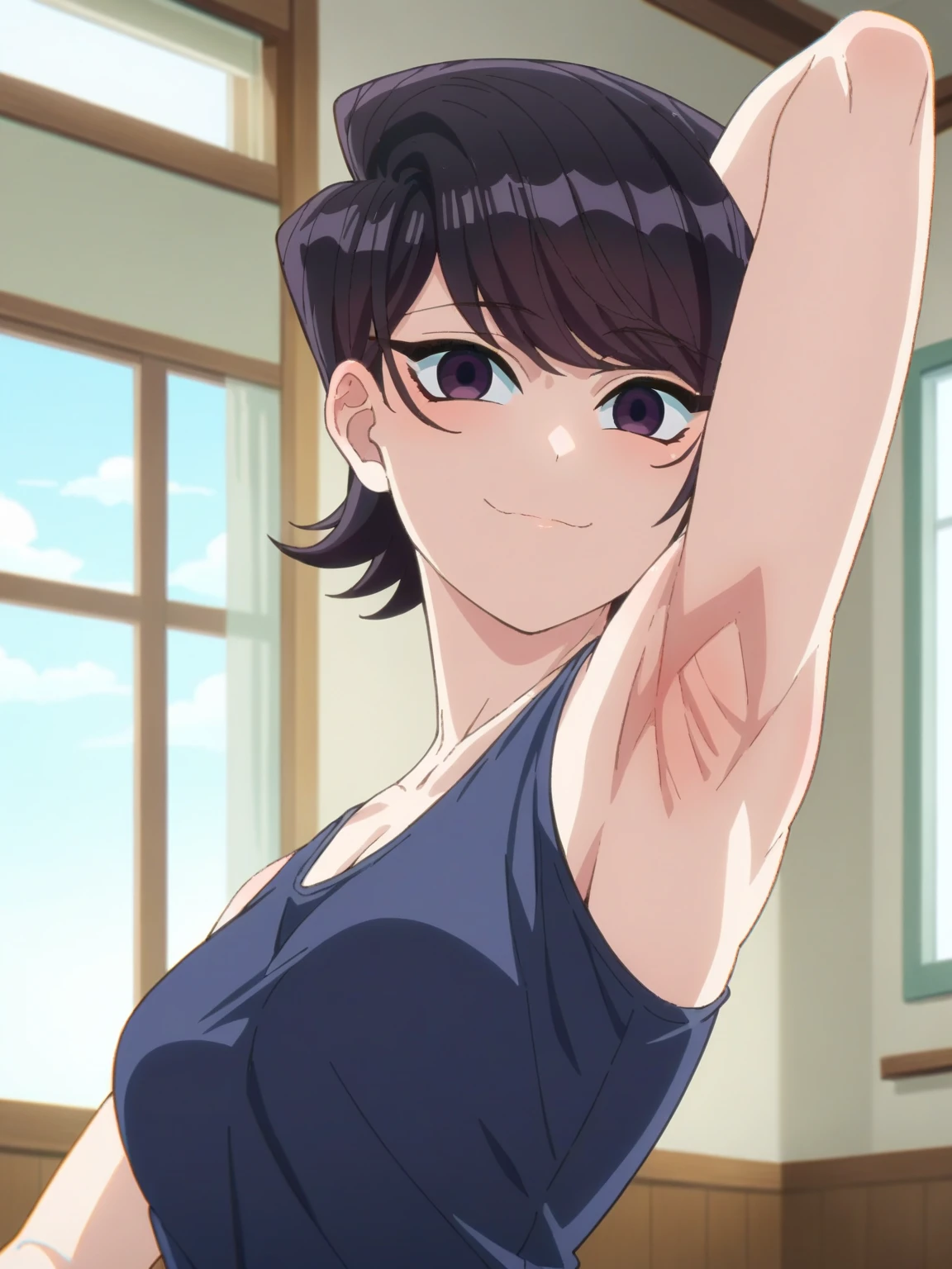 score_9, score_8_up, score_7_up, source_anime, anime screencap, 1girl, solo, indoors, day, Komi Shouko, purple eyes, black hair, short hair, bangs, medium breasts, black tanktop, bare shoulders, bare arms, looking at viewer, eye contact with viewer, head towards viewer, smile, (smug:0.9), closed mouth, arm behind head, armpit, armpit up close, close-up of armpit, from side, from below, detailed armpits