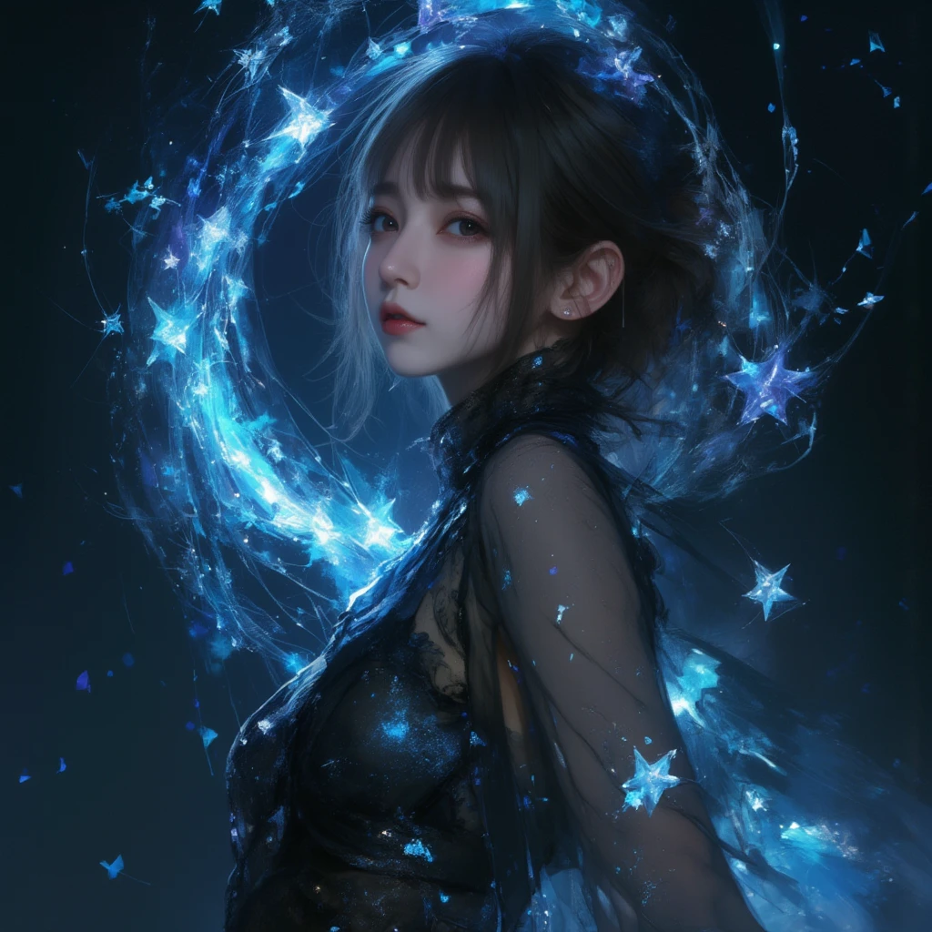 A photorealistic poster of an East Asian woman with meticulously detailed, lifelike skin and flowing black hair interwoven with iridescent stardust particles, floating horizontally through a vast, inky black cosmos. She wears a flowing black gown, subtly textured with embedded, glittering stardust, that ripples realistically in the implied zero-gravity environment. Beneath her, a luminous, swirling pathway of intensely bright, sky blue stars stretches infinitely in perspective, each star rendered with pinpoint accuracy and a soft, realistic twinkle. The stars exhibit a subtle depth of field, with nearer stars crisply defined and faraway stars softly blurred. The background cosmos is a hyperrealistic depiction of deep space, filled with subtly textured nebulae in deep blues, purples, and blacks, exhibiting realistic variations in density and luminosity. The overall lighting is soft and ethereal, with a subtle, realistic glow emanating from both the starry pathway and the stardust in the woman's hair and gown. The woman's expression is serene and determined, her eyes reflecting the starlight with realistic, glassy highlights. Her features are sharply defined, with realistic pores and subtle skin imperfections. The overall image possesses an extremely high resolution and level of detail, simulating the quality of a high-end photograph. The color palette is strictly limited to variations of #87CEEB and black, with the black of space providing contrast.
