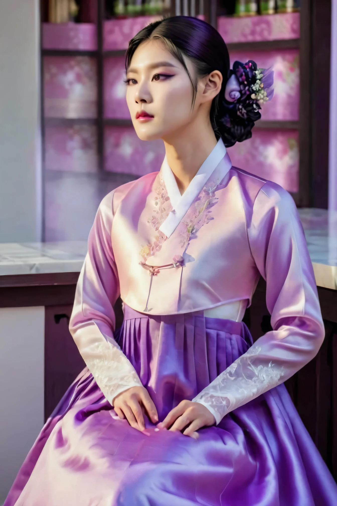 A Korean man in ladies victorian dresses, he is crossdresser, big breasts like a woman, slender female body, His hairstyle is short and manly, long sleeves, purple, hanbok dress, silk, satin, see-through jacket, full body shot, sit quietly