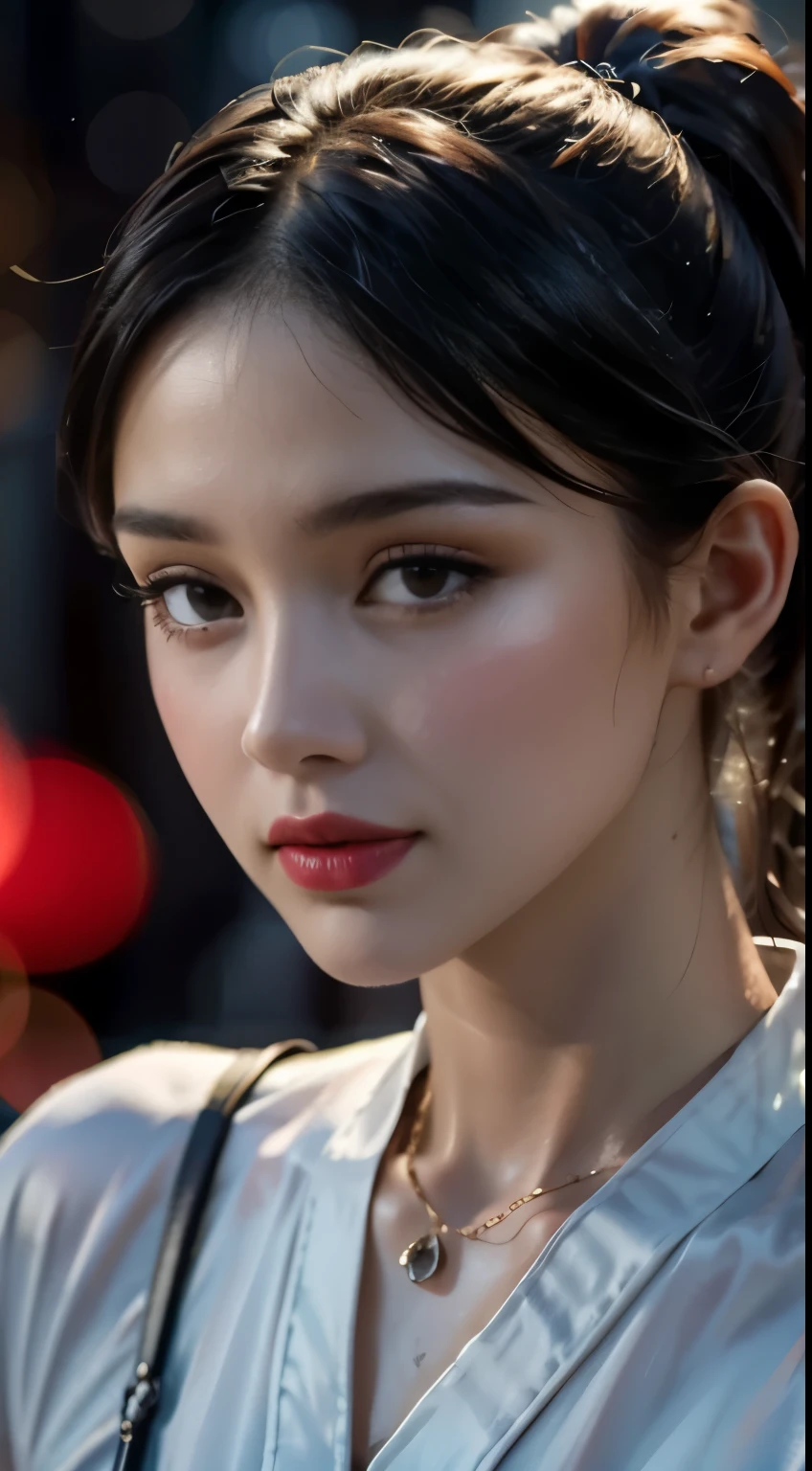 Best quality, Masterpiece, A high resolution, 1girl,red China Hanfu,Streets in ancient Chinese cities background, ponytail hairstyles，hair adornments,necklace, jewelry,Beautiful face ,Photorealistic, rim lit, twotonelighting,(highdetailskin:1.2), 8K, Ultra HD, Digital SLR, Soft lighting, High quality, voluminetric lighting, candid, photographed, high resolution, 4K, 8K, Bokeh