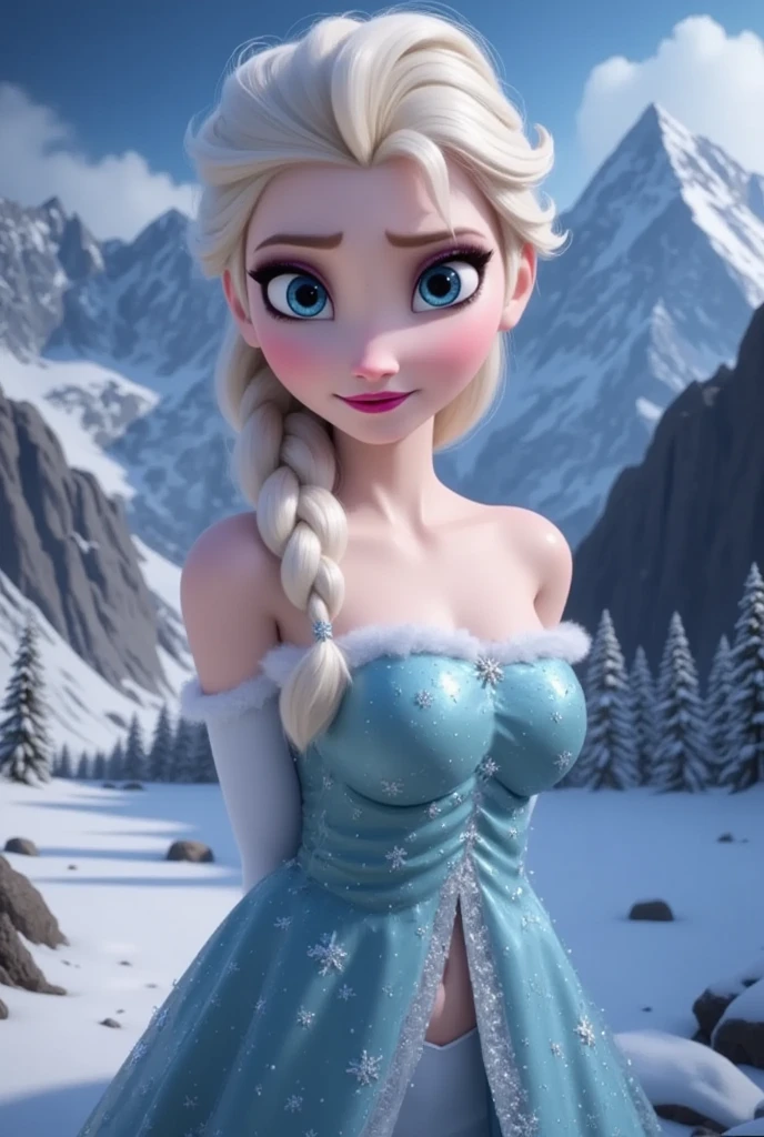 realistic Elsa of frozen in her stunning blue ice dress. She should have a single braid. The background should feature a majestic mountain covered in snow and ice, close shot, she is large chested and has decolletage, she is petite and is posing for the shot, the shot is taken from below.