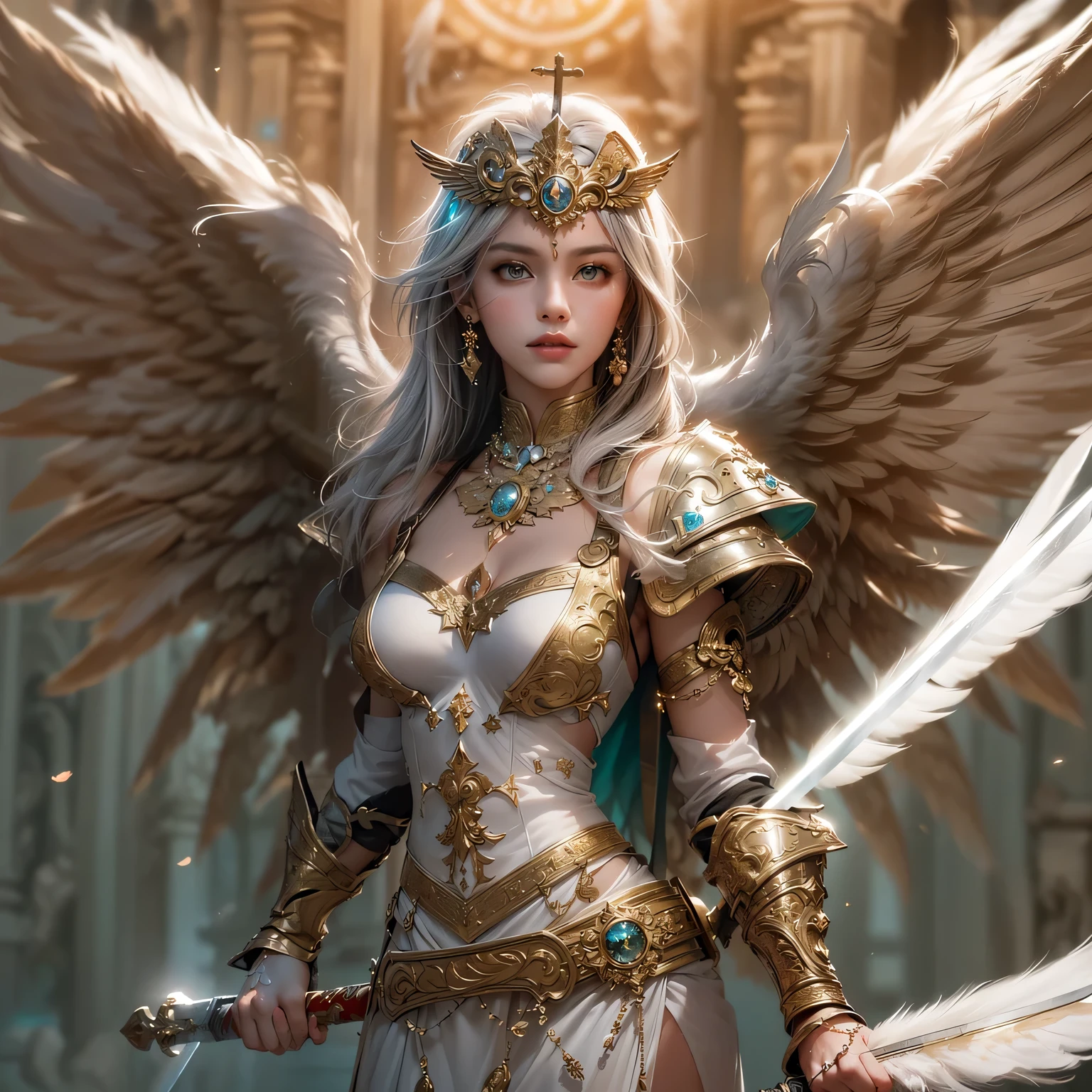 4K, ((very delicate))realistic, high resolution, soft light,1 woman, alone, ((burning castle background)), look at the viewer, (detailed face), ((Close-up from waist to face)) I fell to my knees after losing the angel war......, ((Archangel Michael with injured wing)), ((woe, rage, tear)), long hair, silver hair, big bust, Beautiful girl, ((importance)) bikini, golden angel armor, ((An old silver sword stuck on the floor)),