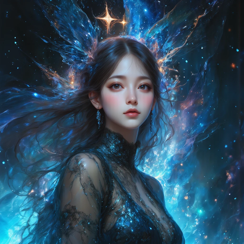 A photorealistic poster of an East Asian woman with meticulously detailed, lifelike skin and flowing black hair interwoven with iridescent stardust particles, floating horizontally through a vast, inky black cosmos. She wears a flowing black gown, subtly textured with embedded, glittering stardust, that ripples realistically in the implied zero-gravity environment. Beneath her, a luminous, swirling pathway of intensely bright, sky blue stars stretches infinitely in perspective, each star rendered with pinpoint accuracy and a soft, realistic twinkle. The stars exhibit a subtle depth of field, with nearer stars crisply defined and faraway stars softly blurred. The background cosmos is a hyperrealistic depiction of deep space, filled with subtly textured nebulae in deep blues, purples, and blacks, exhibiting realistic variations in density and luminosity. The overall lighting is soft and ethereal, with a subtle, realistic glow emanating from both the starry pathway and the stardust in the woman's hair and gown. The woman's expression is serene and determined, her eyes reflecting the starlight with realistic, glassy highlights. Her features are sharply defined, with realistic pores and subtle skin imperfections. The overall image possesses an extremely high resolution and level of detail, simulating the quality of a high-end photograph. The color palette is strictly limited to variations of #87CEEB and black, with the black of space providing contrast.
