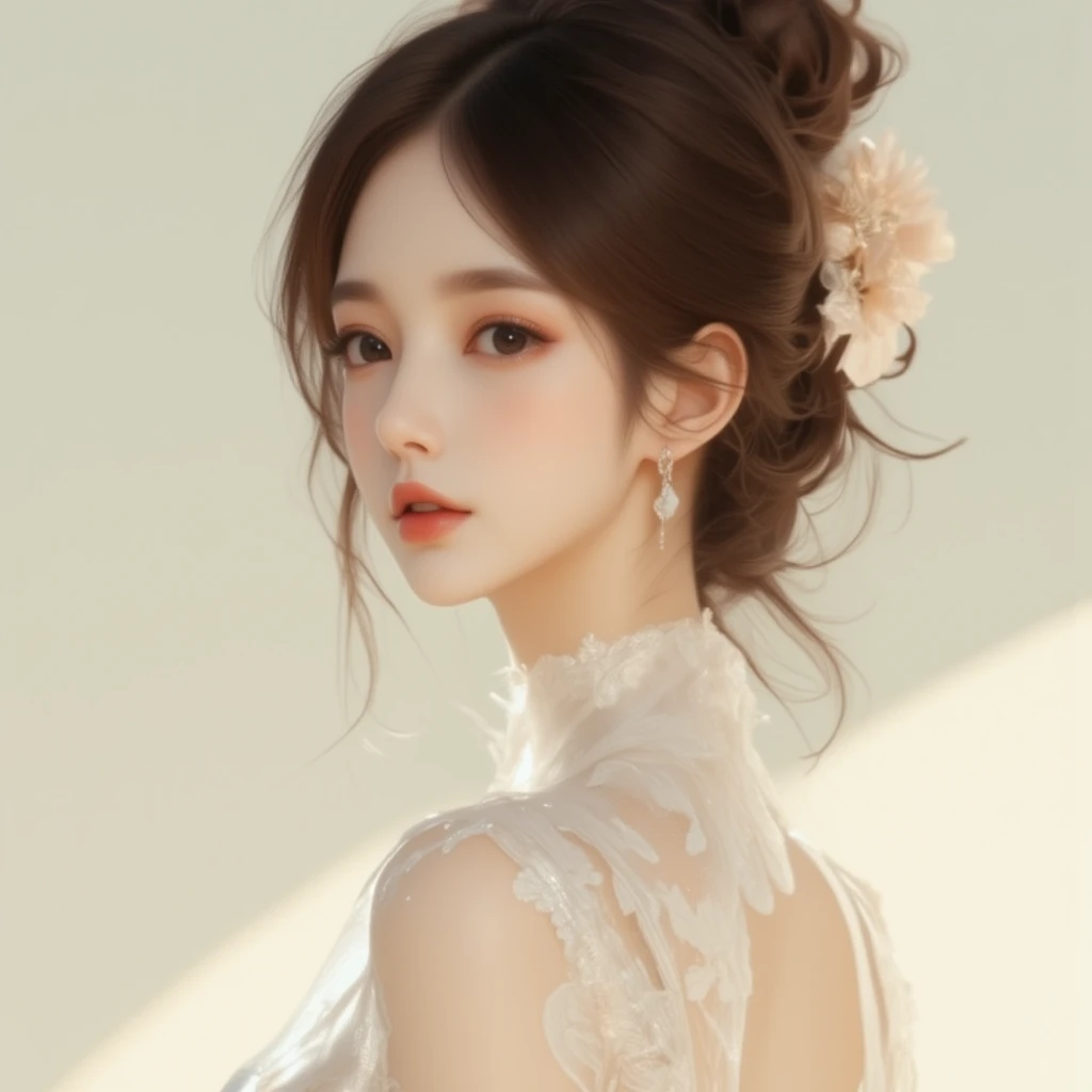 A hyper-realistic and elegant portrait of a young East Asian woman with striking features, set against a soft, light background that complements her white attire. Her dark, voluminous hair is styled up in a loose, effortless bun, with stray strands framing her face softly, creating a sense of natural beauty. Her face is strikingly realistic, with flawless skin that glows softly, and her eyes are a deep, captivating shade of black, exuding confidence and a hint of mystery. Her lips are painted in a bold, deep red, standing out against her luminous complexion. She is wearing a flowing white dress with delicate, intricate embroidery in subtle shades, adding a touch of elegance and refinement to her appearance. The embroidery on the dress is rendered in soft, neutral tones, giving it a sophisticated look without drawing attention away from her facial features. The dress drapes naturally over her shoulders, emphasizing her graceful posture and adding to the serene atmosphere of the image. The background is a soft, creamy gradient that matches the tone of her dress, creating a harmonious and tranquil composition. The color palette is dominated by whites, soft beiges, and gentle cream tones, which create a calming, ethereal atmosphere. This artwork combines hyper-realistic detail with a serene, minimalist aesthetic, capturing the subject as a timeless beauty amidst a light, dreamlike setting.