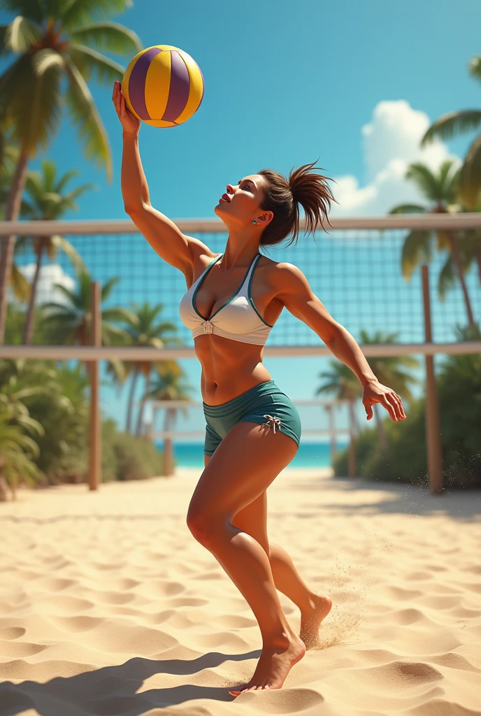 A cute woman is playing volleyball in a sensible beach outfit, high action, having fun