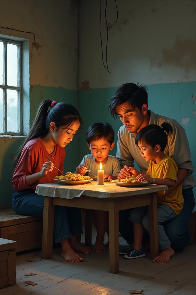 Create a family with three siblings, two boys and a girl, and the mom and dad eating listlessly to copy but in real life