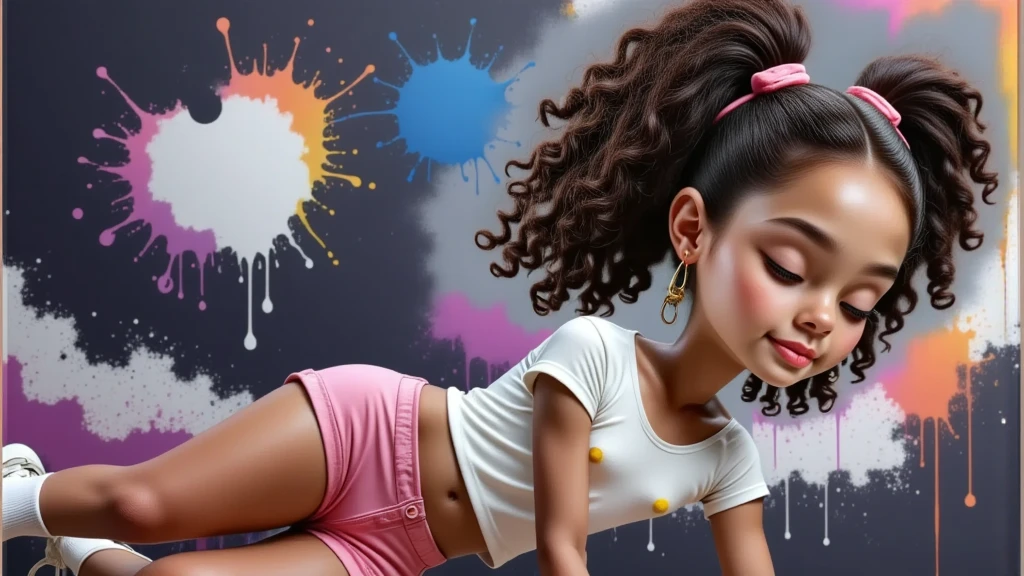 (masterpiece, best quality:1.2), 1girl, solo, Waiting in the Disney Pixar arts in the high quality and high resolution 3D characters create the image of a  girl with curly hair of African descent and light brown skin, beautiful, sensual, seductive, sassy, ​​s*** with a white t-shirt without any print with very short shorts, very short pink, white socks up to the knees and white sneakers, the clothes are always stained with paint which gives a very special charm and demonstrates the girl's creative characteristic, she is always on a neutral black background to be cut out in png, She wears brush earrings in both ears, Her hair is tied in two ponytails and she has brown eyes