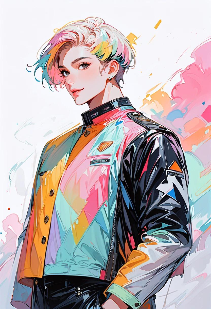 ( best quality:1.4, masterpiece),  Black and White Art , male, One person,  Big Black Eyes ,  short hair on the side of the uniform, Bangs are asymmetrical,  leather jacket and rock costume , smile,  The colors used are pastel, Note Trimming , (( full body shot from the right front, handsome man, White background))