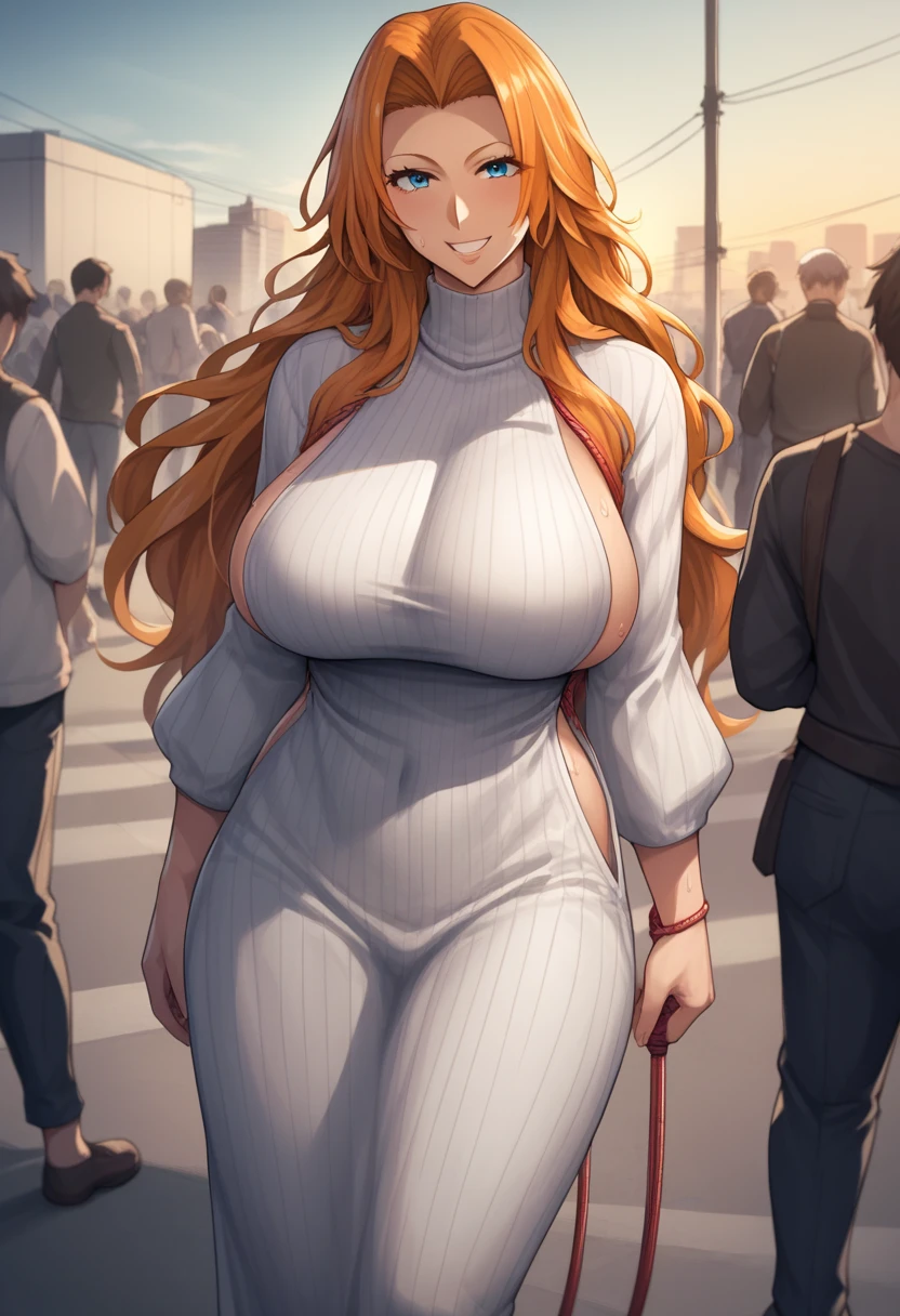 BREAK 1girl,Rangiku Matsumoto , long hair, blue eyes, orange hair, large breasts, sweat, sound effects, backless sweater dress,tight,cable knit, looking at you, smile, BREAK score_9, score_8_up, score_7_up, score_6_up, source_anime BREAK (outdoor, huge crowd),city,sunset,