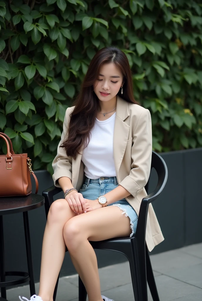 a female college student, Lively, cute smile, mischief, wearing white shirt, ((Khaki jacket)), black cropped pants, ((Black canvas shoes)), and white socks. (best quality,4k,8k,high resolution,masterpiece:1.2), Super detailed, (actual,photoactual,photo-actual:1.37), high dynamic range, studio lighting, extremely detailed description, professional, bright colors, Bokeh, portrait. Honey-brown hair ,