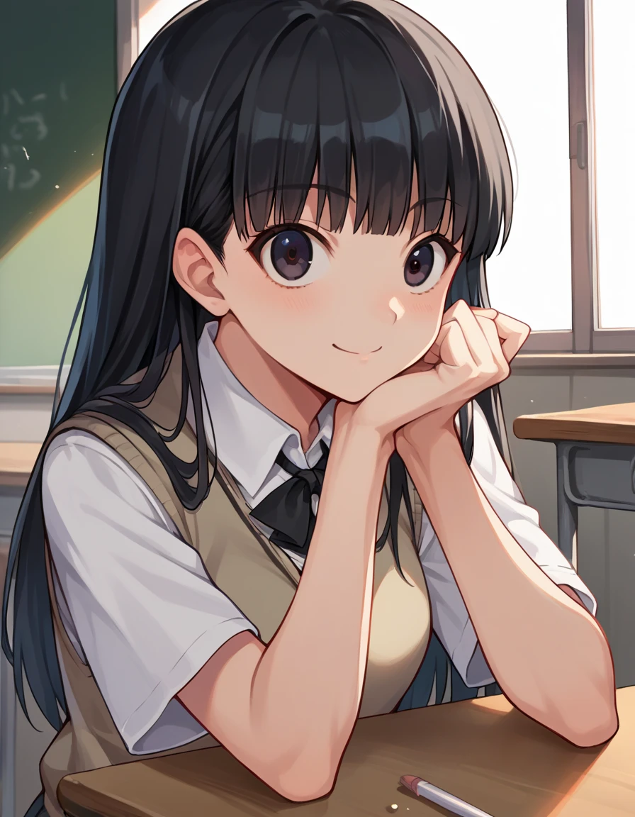  score_9,  score_8_up,  score_7_up,  source_Anime,
, Tsukasa Ayatsuji,  black hair, Long Hair, bangs, blunt bangs,  dark eyes, smile,
kibito high  school uniform,  school uniform,  Sweater Vest ,
indoor, classroom,  slouching forward,
 is watching viewers,  Dutch angle ,  COWBOY SHOOTING 