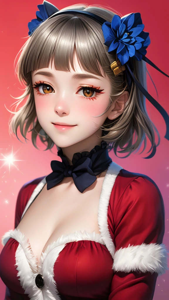 (((solo))), 1 woman, LOVELIVE! Sakuya Kurobane, sakuyaunif, kurobane_sakuya, short hair, grey hair, black hairband, blue hair flower, brown eyes, red eyeliner, chest, blush, smile, (upper body), santa claus