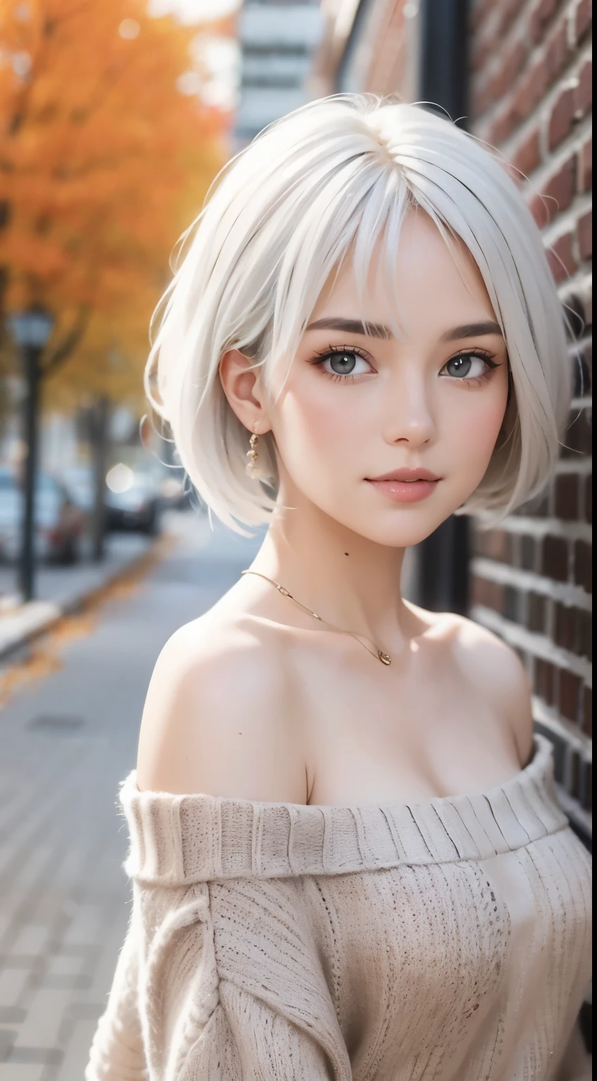 Medium Shot Shot, A beautiful woman looks at the camera, White hair, Chris Foss autumn off-the-shoulder sweater