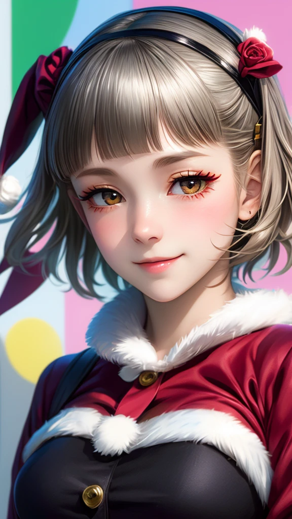 (((solo))), 1 woman, LOVELIVE! Sakuya Kurobane, sakuyaunif, kurobane_sakuya, short hair, grey hair, black hairband, blue hair flower, brown eyes, red eyeliner, chest, blush, smile, (upper body), santa claus