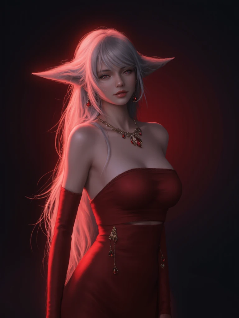 Image is a digital painting featuring a fantasy character with an ethereal appearance. The subject is a female figure with elongated, pointed ears and long, flowing white hair that cascades down her back. Her skin is pale, and she has striking, angular facial features. She is adorned with elaborate jewelry, including a necklace and earrings, all featuring red gemstones. Her attire consists of a red, strapless top and a matching skirt, both embellished with gold accents. The background is a dark, shadowy gradient, enhancing the dramatic lighting that casts a warm, red glow over the character, creating a mystical and enchanting atmosphere.