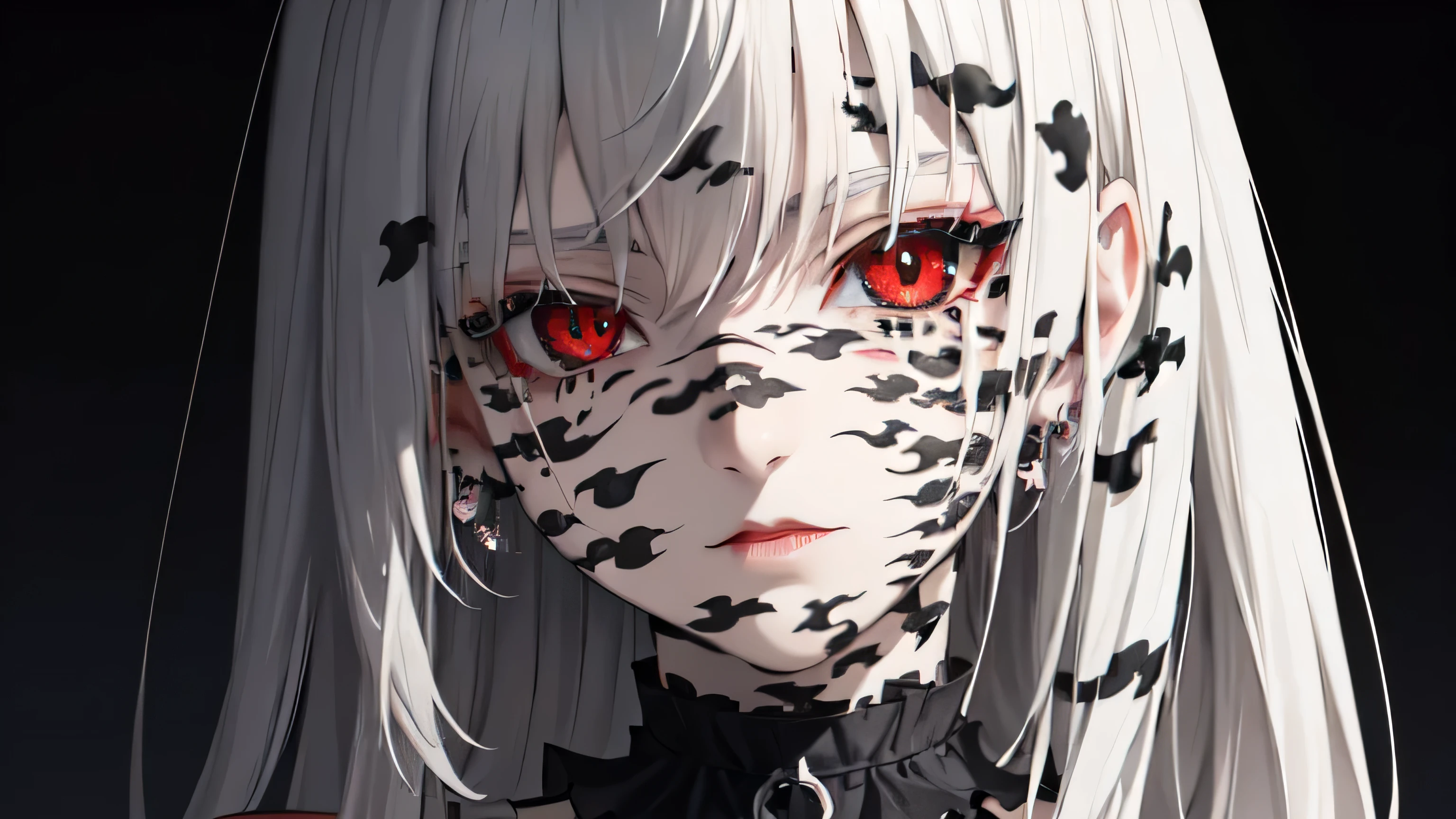  dark theme , (curse_mark: 1.21),  1 girl, Pale skin, sp1k3 choker , Goth,  black hair, red eyes, Left shoulder,  different colored pupils upper body,  is watching viewers, Alone,  Portrait ,  simple background, 