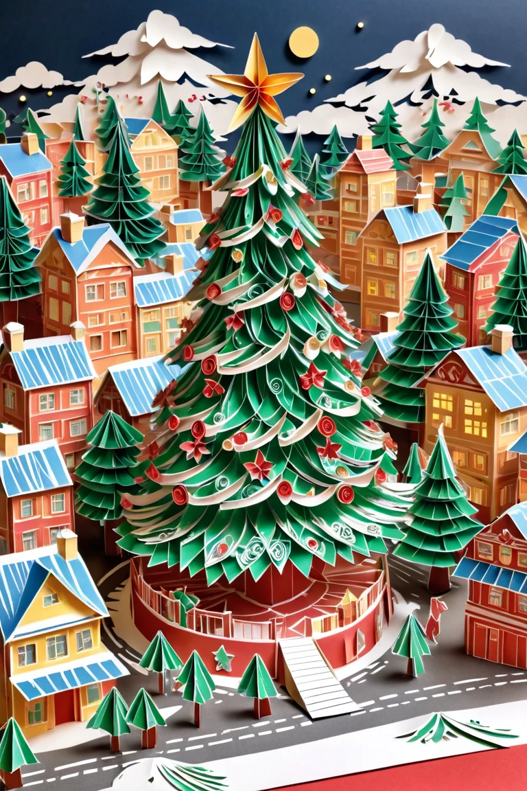 Paper cut of a giant Christmas tree in the middle of the city, paper cut, origami, paper Quilling 