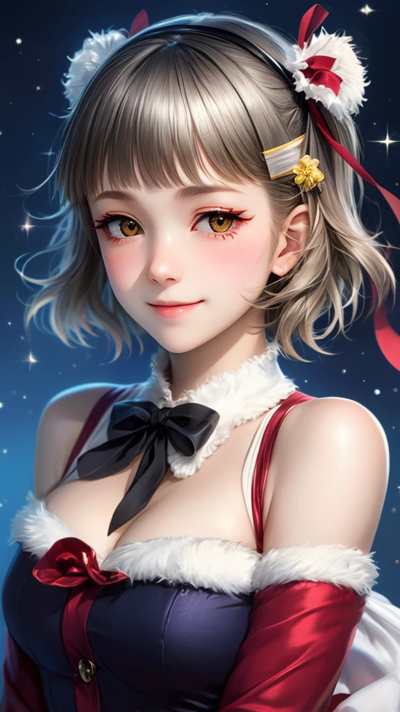 (((solo))), 1 woman, LOVELIVE! Sakuya Kurobane, sakuyaunif, kurobane_sakuya, short hair, grey hair, black hairband, blue hair flower, brown eyes, red eyeliner, chest, blush, smile, (upper body), santa claus