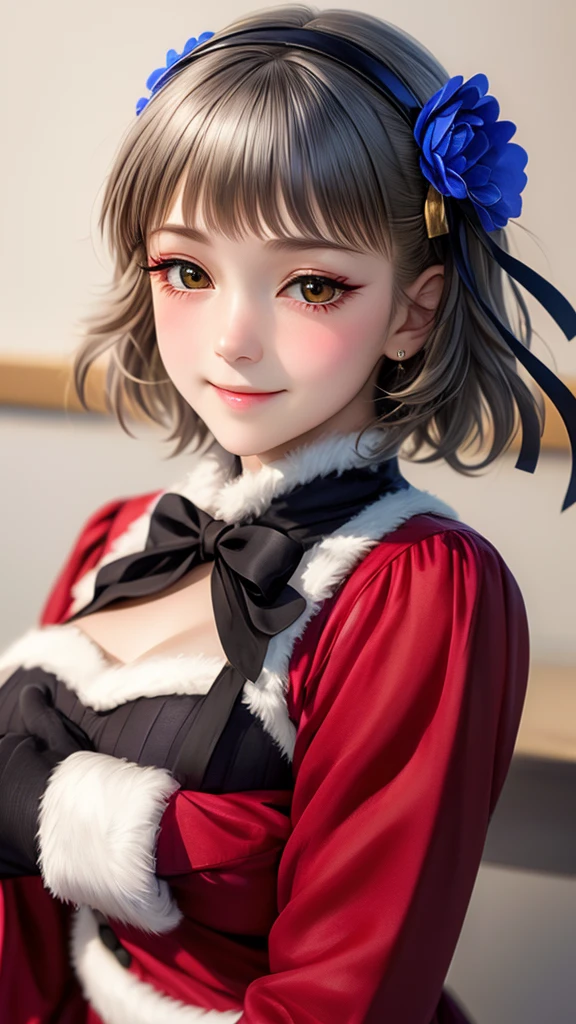 (((solo))), 1 woman, LOVELIVE! Sakuya Kurobane, sakuyaunif, kurobane_sakuya, short hair, grey hair, black hairband, blue hair flower, brown eyes, red eyeliner, chest, blush, smile, (upper body), santa claus