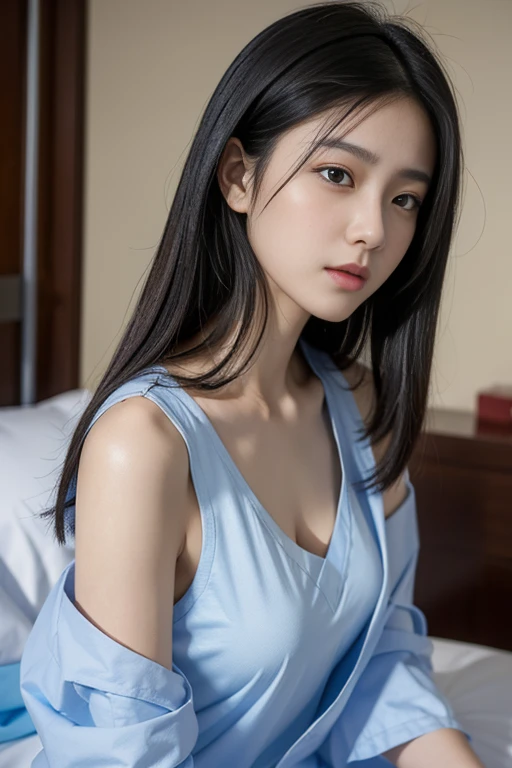 A girl with short, straight, black hair down to her shoulders, wearing a hospital gown, Get slim,thin, on a hospital bed, tears, A close-up of her upper body, background: hospital、Big Breasts