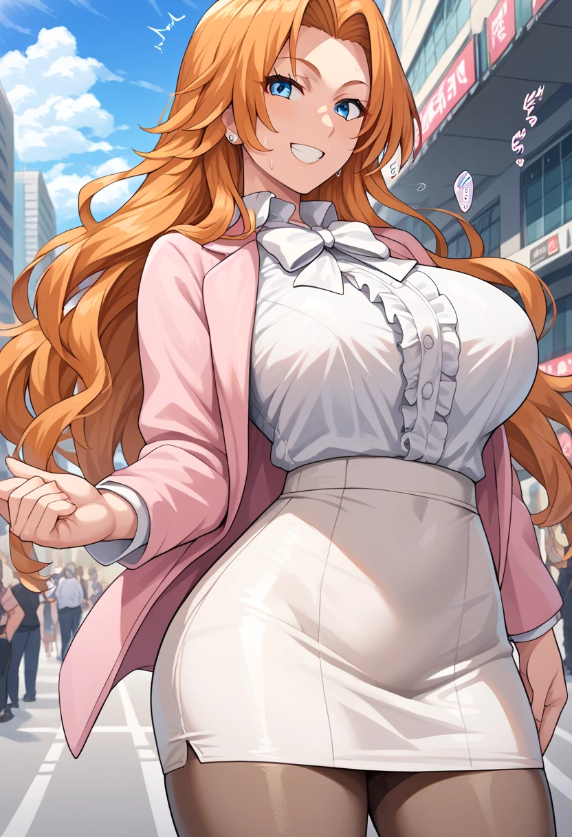 BREAK 1girl,Rangiku Matsumoto , long hair, blue eyes, orange hair, large breasts, sweat, sound effects, light gray suit, white ribbon, white frilled shirt, medium pencil skirt, pantyhose, looking at you, smile, BREAK score_9, score_8_up, score_7_up, score_6_up, source_anime BREAK (outdoor, huge crowd),city,sunset,