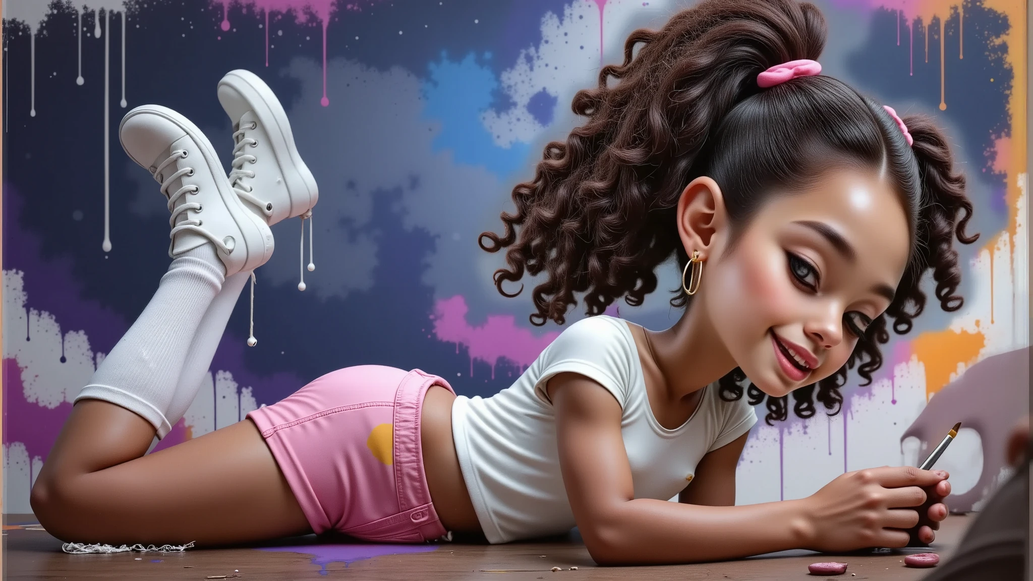 (masterpiece, best quality:1.2), 1girl, solo, Waiting in the Disney Pixar arts in the high quality and high resolution 3D characters create the image of a  girl with curly hair of African descent and light brown skin, beautiful, sensual, seductive, sassy, ​​s*** with a white t-shirt without any print with very short shorts, very short pink, white socks up to the knees and white sneakers, the clothes are always stained with paint which gives a very special charm and demonstrates the girl's creative characteristic, she is always on a neutral black background to be cut out in png, She wears brush earrings in both ears, Her hair is tied in two ponytails and she has brown eyes