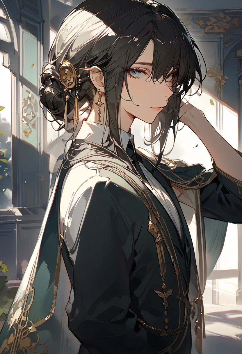 masterpiece, best quality, 8k ,4k , 1 male, elf, long ears elf, dark grayish hair, dark greenish eyes, hair ornament, finely detailed eyes and detailed face, looking at viewer, from side, meticulous clothes, formal clothes, combination of white and black coat, half cape by the shoulders, patterned clothes, majestic looks, sharp looks, shadows, inspired by Asukaziye artist : ask, art style : ask