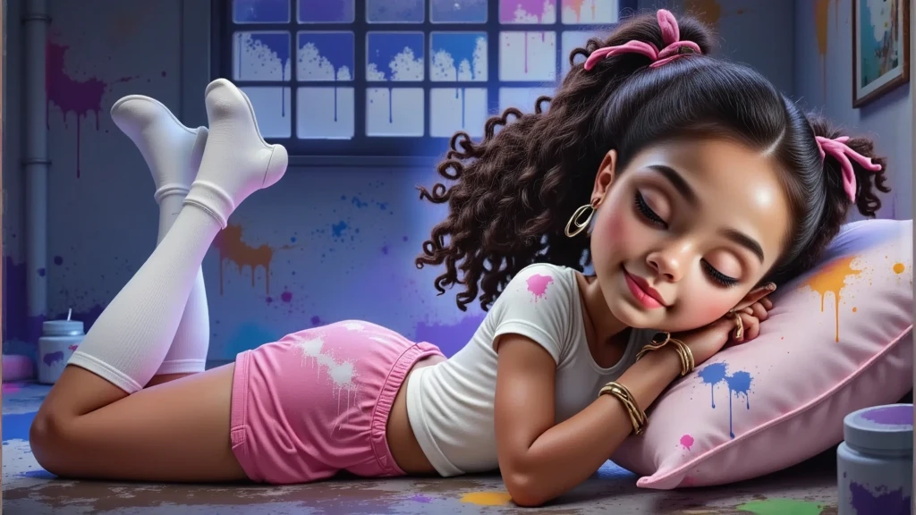 (masterpiece, best quality:1.2), 1girl, solo, Waiting in the Disney Pixar arts in the high quality and high resolution 3D characters create the image of a  girl with curly hair of African descent and light brown skin, beautiful, sensual, seductive, sassy, ​​s*** with a white t-shirt without any print with very short shorts, very short pink, white socks up to the knees and white sneakers, the clothes are always stained with paint which gives a very special charm and demonstrates the girl's creative characteristic, she is always on a neutral black background to be cut out in png, She wears brush earrings in both ears, Her hair is tied in two ponytails and she has brown eyes