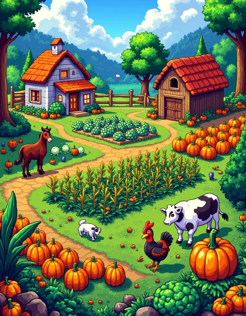 A picturesque landscape of a farm from a top-down perspective, reminiscent of the charming pixel art style seen in the popular video game Stardew Valley. The scene is set during the day, with a bright and clear sky overhead. In the foreground, a variety of vibrant crops are neatly organized in rows: plump pumpkins, tall corn stalks, and lush green cabbage. Scattered around are some farm animals: a few chickens pecking at the ground, cows grazing slightly off to the side, and a faithful brown workhorse near a rustic wooden barn. To the far left, a quaint farmhouse with a thatched roof is seen amidst the beautiful, pastoral surroundings.