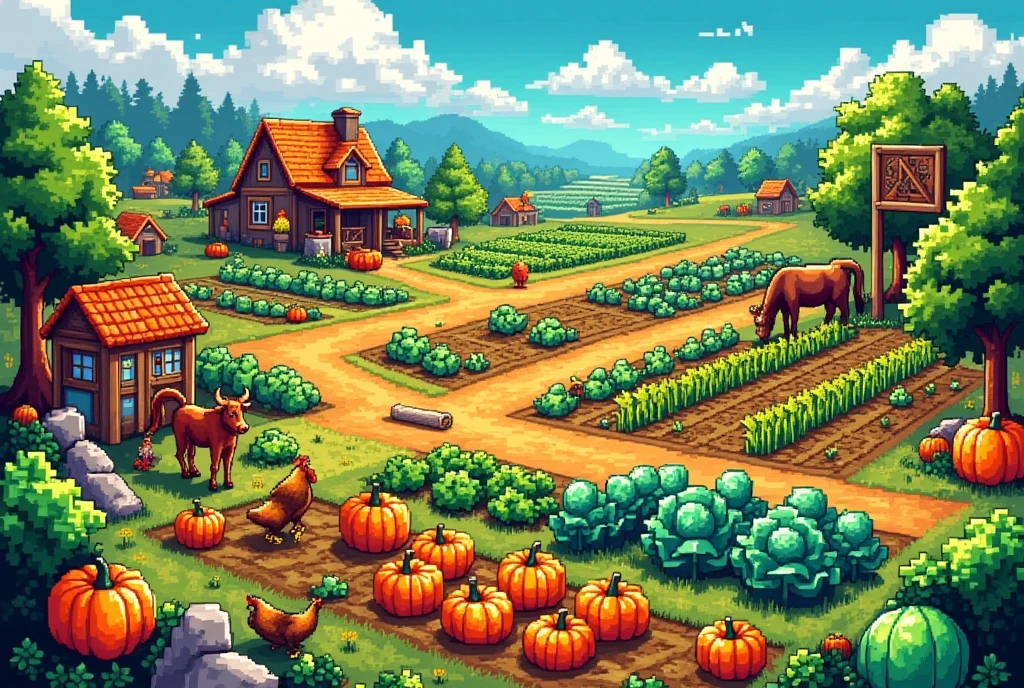 A picturesque landscape of a farm from a top-down perspective, reminiscent of the charming pixel art style seen in the popular video game Stardew Valley. The scene is set during the day, with a bright and clear sky overhead. In the foreground, a variety of vibrant crops are neatly organized in rows: plump pumpkins, tall corn stalks, and lush green cabbage. Scattered around are some farm animals: a few chickens pecking at the ground, cows grazing slightly off to the side, and a faithful brown workhorse near a rustic wooden barn. To the far left, a quaint farmhouse with a thatched roof is seen amidst the beautiful, pastoral surroundings.