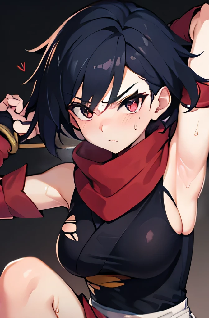 one girl who is at ease , Kunoichi, ninja costume , red scarf,kimono,Knee-length,,Rebellious,anger, tied with a rope , hands tied , raise both arms ,Beautiful armpits, have a crooked ,Beautiful Absolute Realm ,Torn clothes,Expose too much, has captured my heart,sweat,masterpiece, High Quality