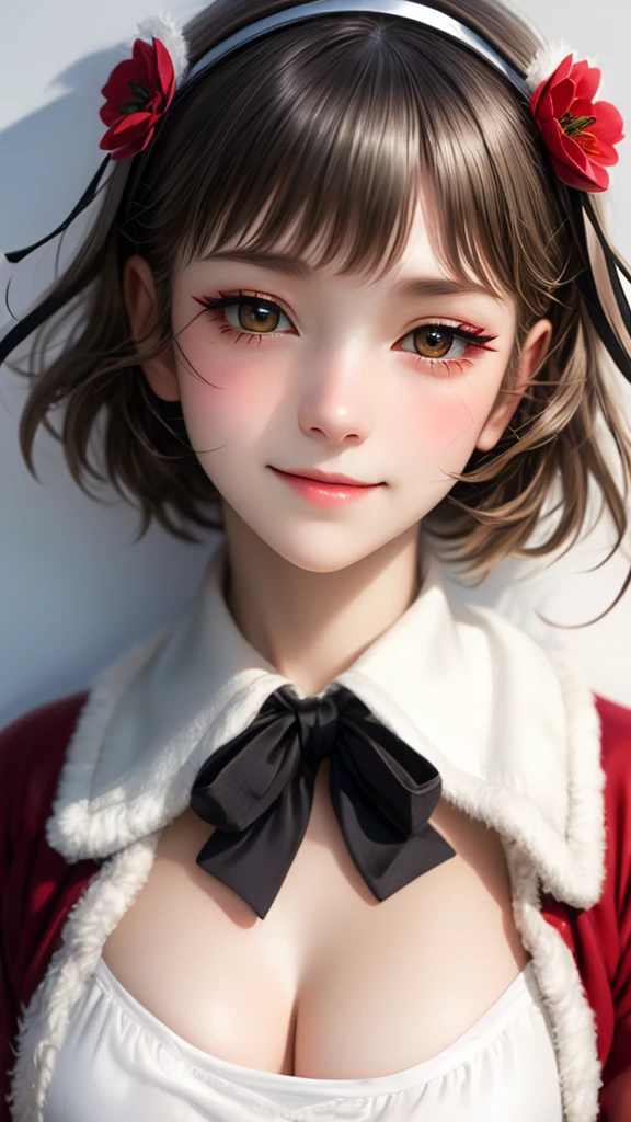 (((solo))), 1 woman, LOVELIVE! Sakuya Kurobane, sakuyaunif, kurobane_sakuya, short hair, grey hair, black hairband, blue hair flower, brown eyes, red eyeliner, chest, blush, smile, (upper body), santa claus