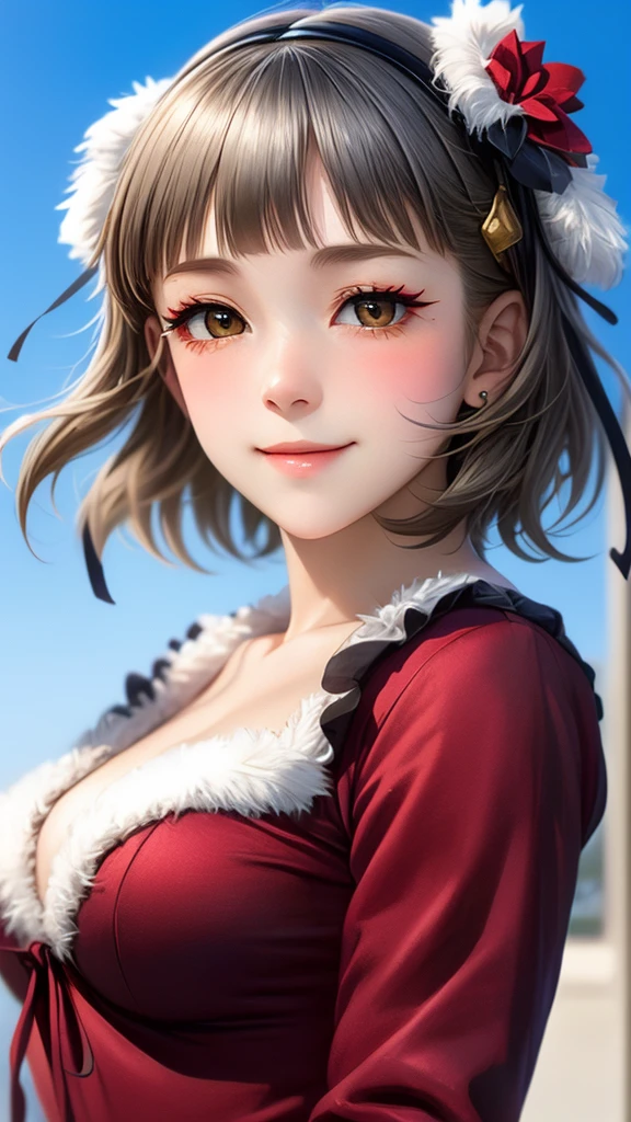 (((solo))), 1 woman, LOVELIVE! Sakuya Kurobane, sakuyaunif, kurobane_sakuya, short hair, grey hair, black hairband, blue hair flower, brown eyes, red eyeliner, chest, blush, smile, (upper body), santa claus