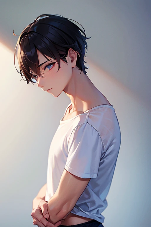 Detailed CG,Ultra-fine illustrations,masterpiece,highest quality,shiny skin,BREAK(28-year-old male:1.5)and(Black Short Hair)and(blue eyes)BREAK,(White T-shirt:1.5)and(jeans),(sad:1.5),(looking away:1.3)and(looking down),profile,The background is the urban area,alone,side angle