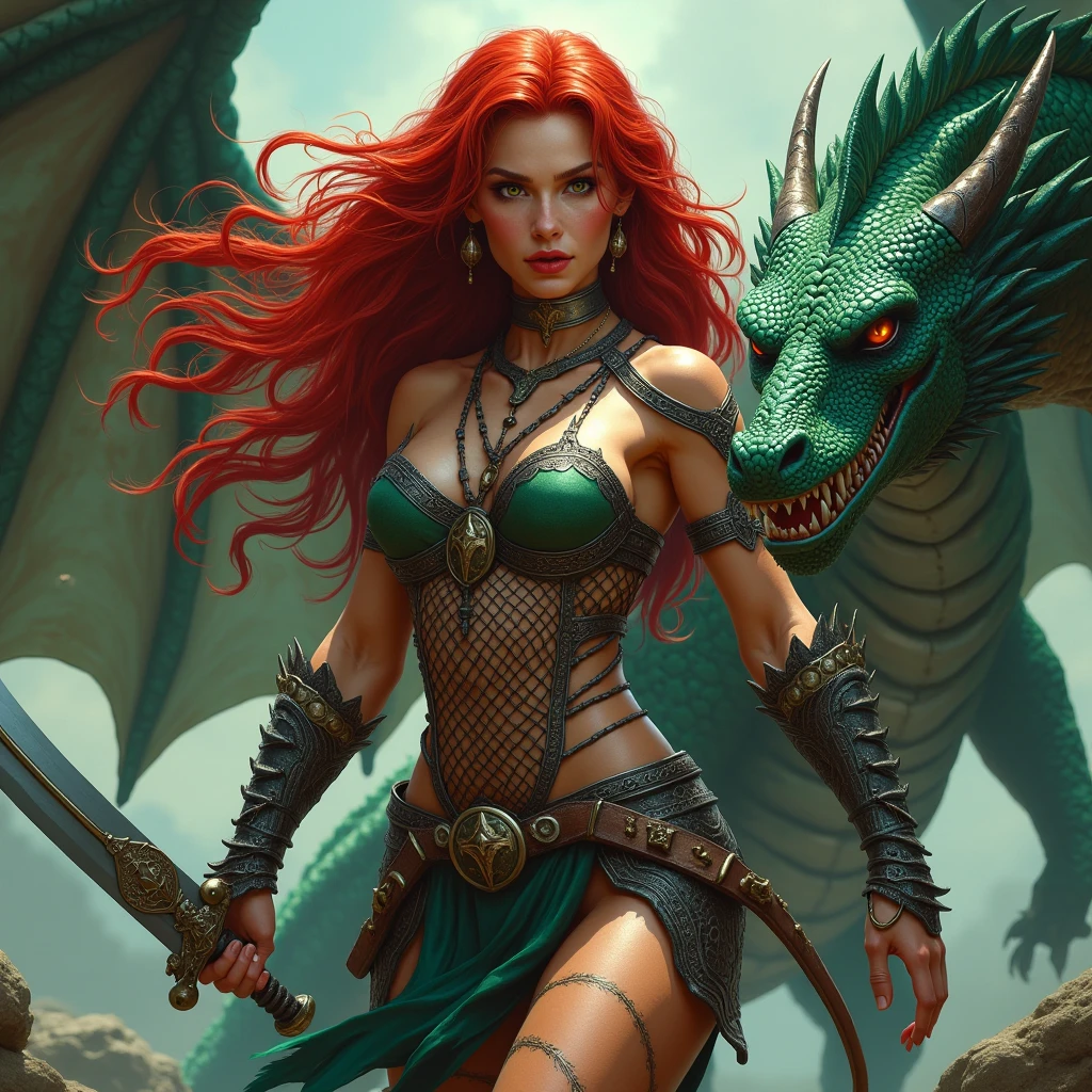 fantasy, a dragon looking over the shoulder of a human woman with long spiky red hair and green eyes and white clothes with a greatsword, her skin is normal white person skin of a faint hue of green, in a swamp, full body, realistic comic drawing