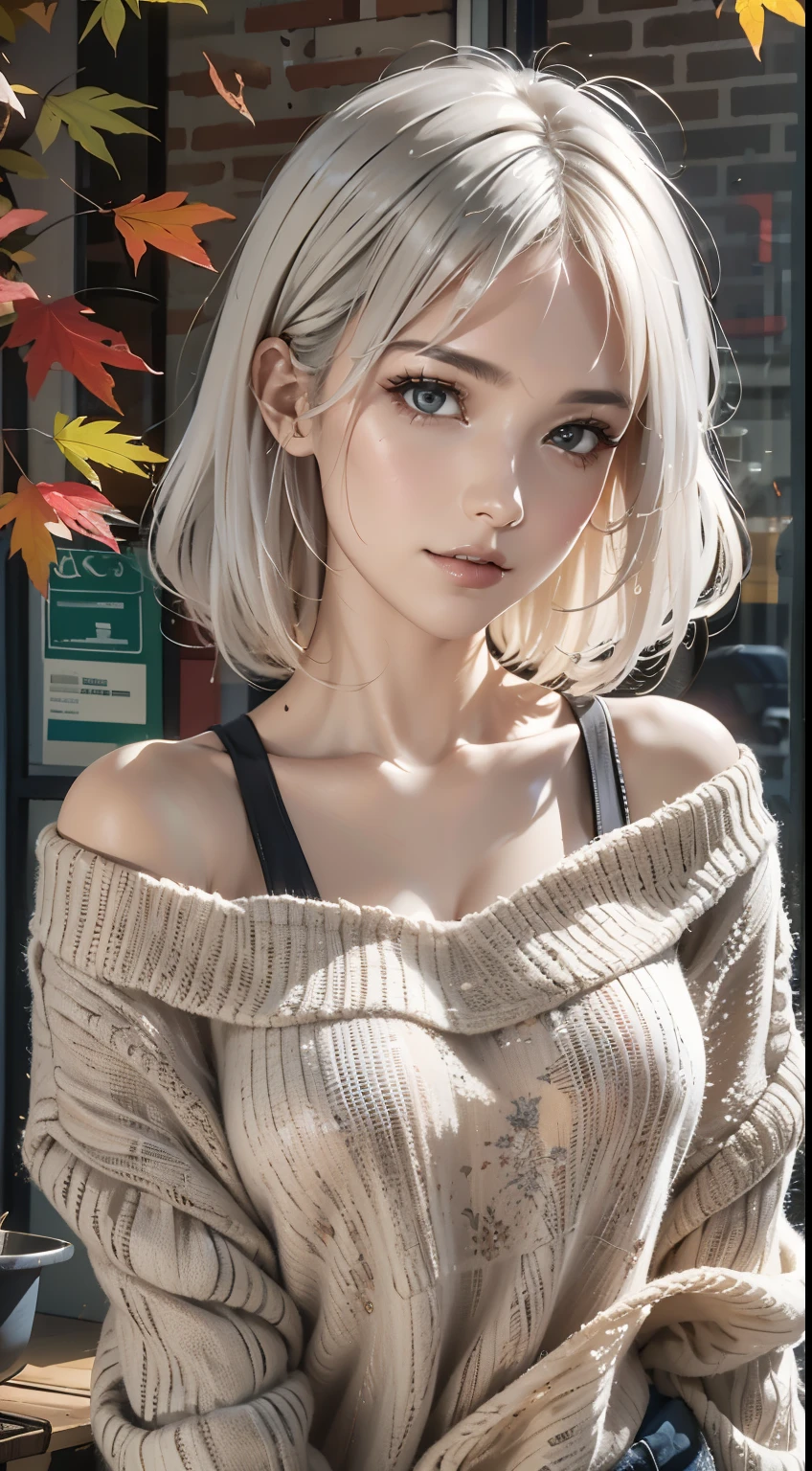 mid-shot, a beautiful woman looking into camera, white hair, off shoulder sweater by Chris Foss autumn lights