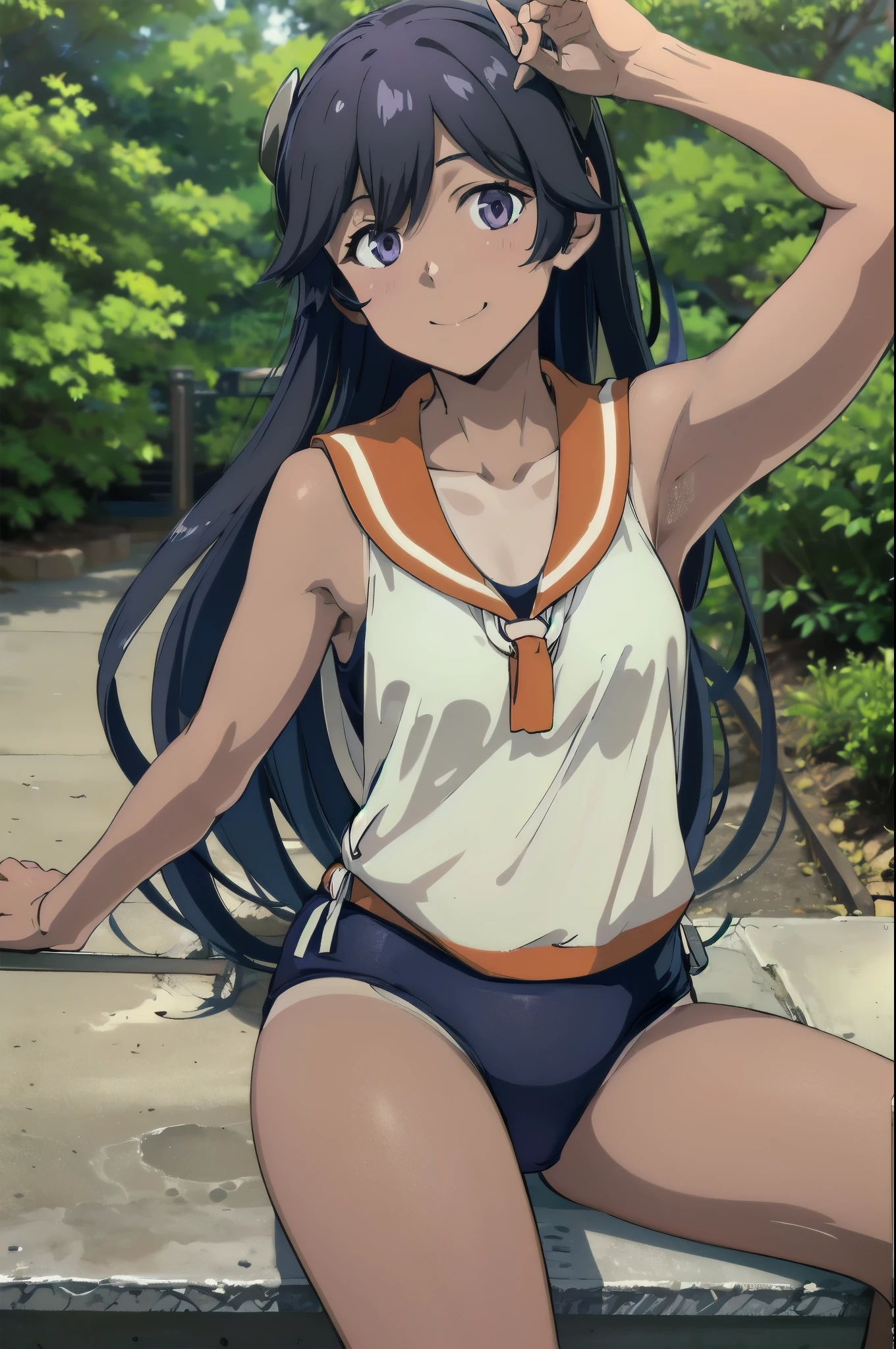 1girl, solo,sitting, small breast, masterpiece, professional artwork, famous artwork, perfect face,nagatoro hayase, brown eyes, hairclip, black hair, cowboy shot, black hair, beautiful face, intense look, ((perfect female body, narrow waist)), background classroom,((tan lines)), looking at viewer, (((blue swimsuit, big ass))), ((sitting)), evil grin