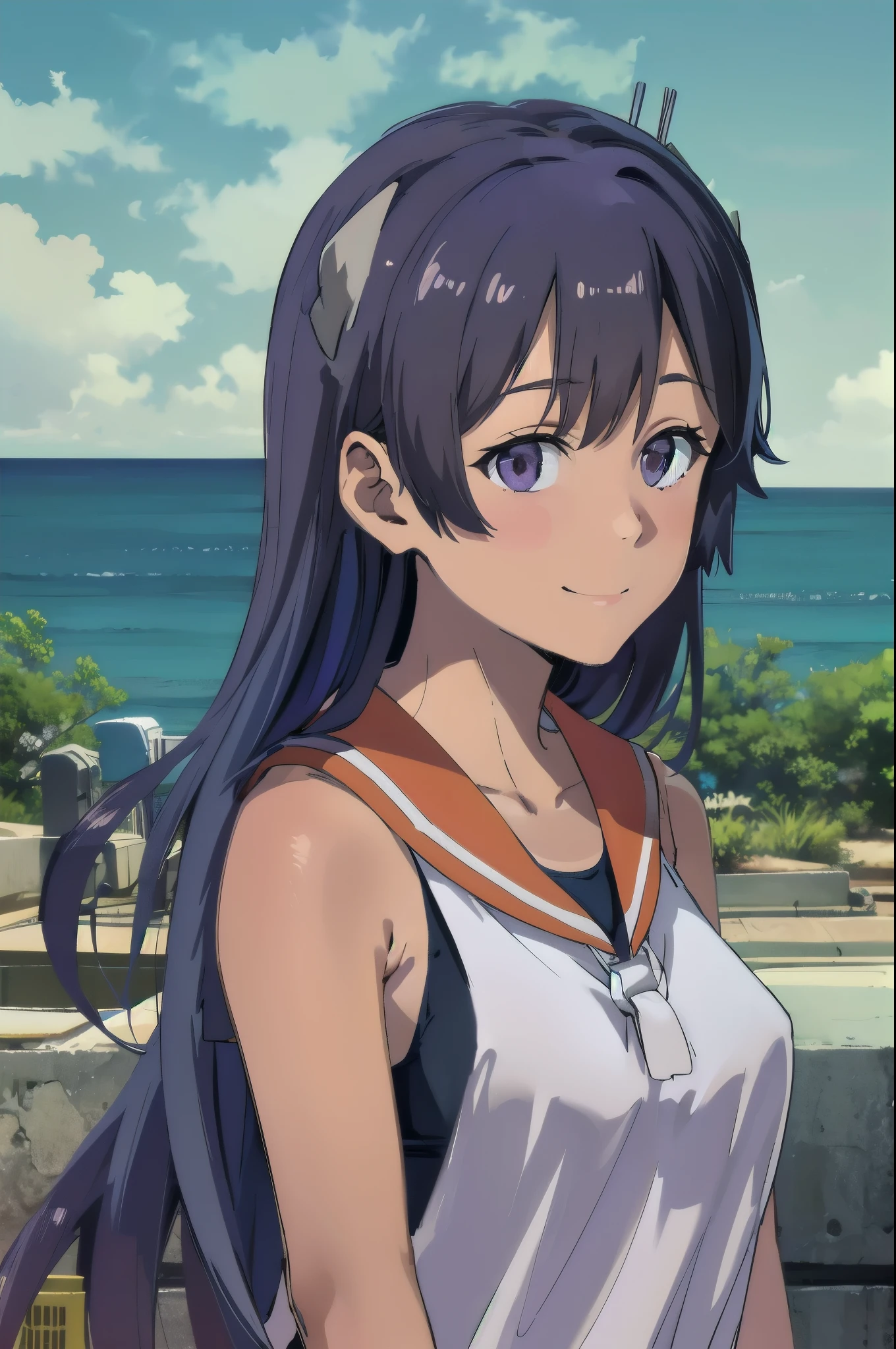  one girl who is at ease, Alone,  upper body, In-person audience ,  watch viewers , smile, I400KC , Long Hair,  white shirt, Sleeveless,1 Piece Swimsuit , Bare Arms, Sleeveless shirt,  headgear ,   school swimsuit,  tan,  tanlines,  Wear a swimsuit under your clothes,  sailor shirt,  Orange Sailor Color 