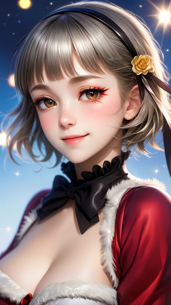 (((solo))), 1 woman, LOVELIVE! Sakuya Kurobane, sakuyaunif, kurobane_sakuya, short hair, grey hair, black hairband, blue hair flower, brown eyes, red eyeliner, chest, blush, smile, (upper body), santa claus