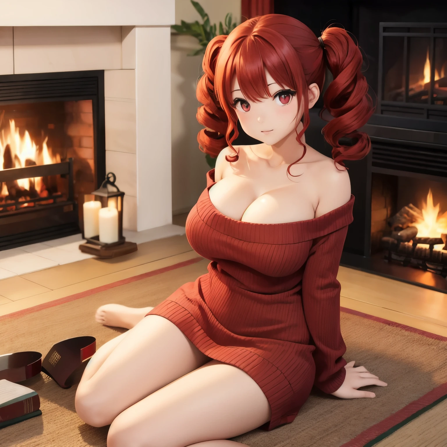  side-top twin tails、Red Curly Hair、bangs、 slim body、 Big Breasts 、 ball shaped breasts 、Red eyes、 red contact lenses、 hair between eyes、Red Hair、Kind Face、drill curls 、 beautiful Japanese woman sitting in front of fireplace 、reality、 plump body 、whole body、indoor、、 long sweater 、Sit on a chair in front of the fireplace and read a book