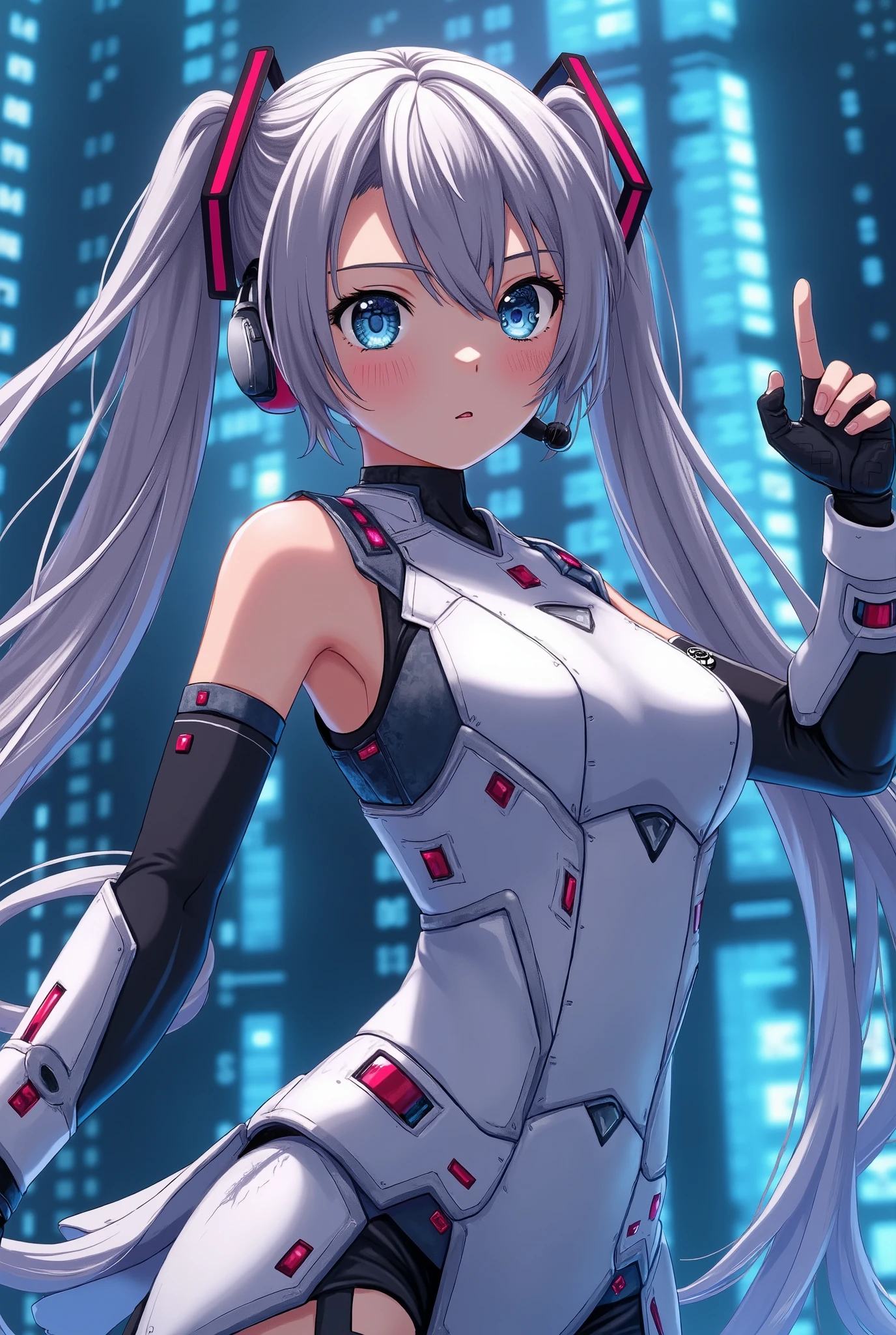 (masterpiece), (science fiction:1.4), on all fours, smile, silver hair, aqua eyes, headgear, long sleeves, detached sleeves, glowing energy clothing, light particles
