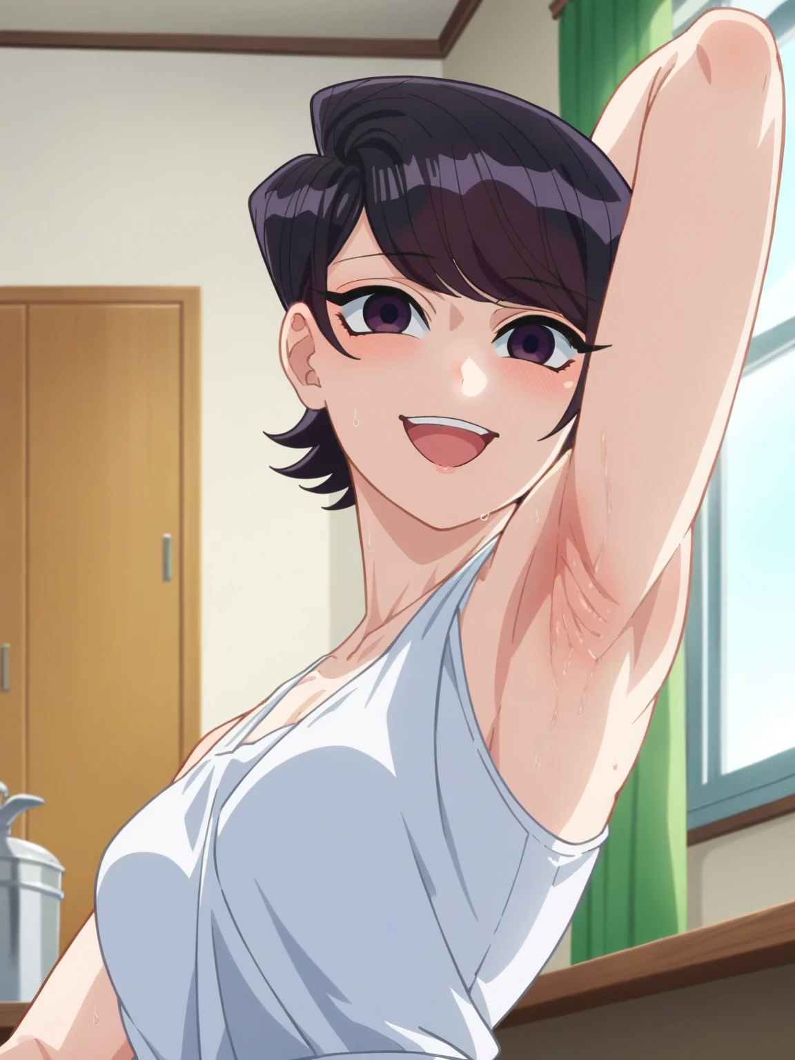 score_9, score_8_up, score_7_up, source_anime, anime screencap, 1girl, solo, indoors, day, Komi Shouko, purple eyes, black hair, short hair, bangs, medium breasts, white apron, bare shoulders, bare arms, looking at viewer, eye contact with viewer, head towards viewer, smile, (smug:0.9), open mouth, laughing, arm behind head, armpit, armpit up close, close-up of armpit, from side, from below, detailed armpits, sweaty armpits