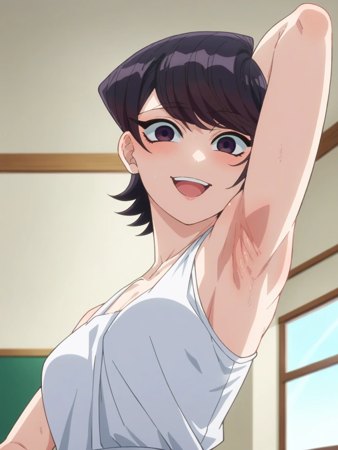 score_9, score_8_up, score_7_up, source_anime, anime screencap, 1girl, solo, indoors, day, Komi Shouko, purple eyes, black hair, short hair, bangs, medium breasts, white apron, bare shoulders, bare arms, looking at viewer, eye contact with viewer, head towards viewer, smile, (smug:0.9), open mouth, laughing, arm behind head, armpit, armpit up close, close-up of armpit, from side, from below, detailed armpits, sweaty armpits