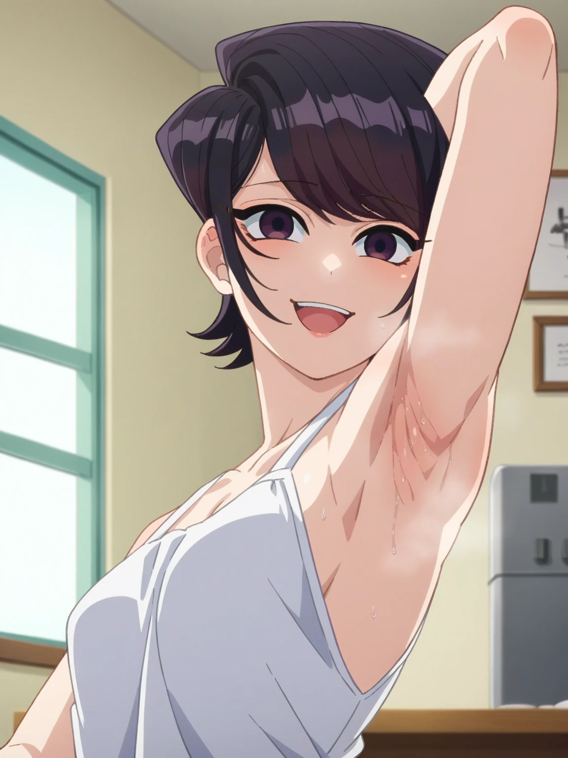 score_9, score_8_up, score_7_up, source_anime, anime screencap, 1girl, solo, indoors, day, Komi Shouko, purple eyes, black hair, short hair, bangs, medium breasts, white apron, bare shoulders, bare arms, looking at viewer, eye contact with viewer, head towards viewer, smile, (smug:0.9), open mouth, laughing, arm behind head, armpit, armpit up close, close-up of armpit, from side, from below, detailed armpits, sweaty armpits