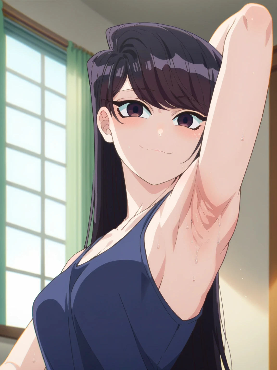 score_9, score_8_up, score_7_up, source_anime, anime screencap, 1girl, solo, indoors, day, Komi Shouko, purple eyes, black hair, long hair, bangs, medium breasts, black tanktop, bare shoulders, bare arms, looking at viewer, eye contact with viewer, head towards viewer, smile, (smug:0.9), closed mouth, arm behind head, armpit, armpit up close, close-up of armpit, from side, from below, detailed armpits, sweaty armpits