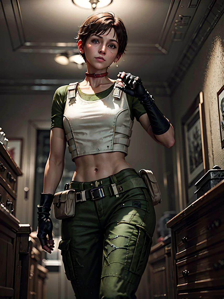 1girl, solo, Rebecca Chambers, re1costume, masterpiece, best quality, high resolution:1.2, ultra-detailed, detailed face, illustration, S.T.A.R. uniform, looking at viewer, Indoors, black gloves, night, med kit, volumetric lighting, cowboy shot, midriff, navel