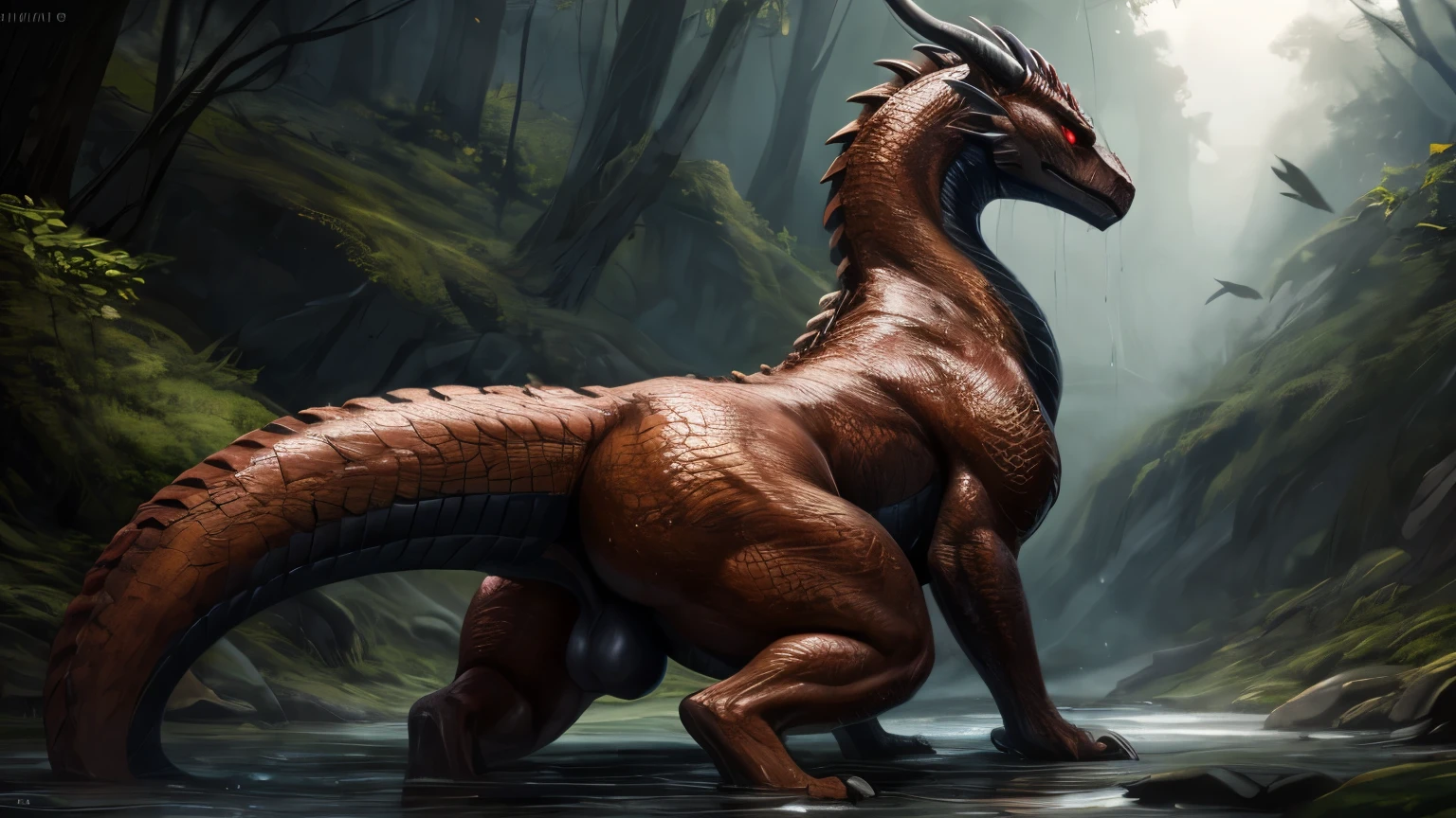 (high quality,4k,8k,highres,masterpiece:1.2),ultra-detailed,(realistic,photorealistic,photo-realistic:1.37),pixiv masterpiece,(intricate details), nsfw, chubby wet feral Dragon with highly detailed orange scales and Black fluffy hair, walking, bathing, feral, red eyes, glowing eyes, empty eyes, stunningly sharp-focus, charming chubby body, curvy, huge ass, very big ass, wet ass, wide hips, thicc thighs, enchanting black hue, swaying tail, impressive scales, powerful presence, mesmerizing beauty, evil posture, well-defined claws, sinister-hearted, radiant aura, captivating artwork, artistically rendered, masterful strokes, attention to detail, tasteful composition, alluring charm, careful shading, great attention to anatomy, meticulous rendering, impeccable craftsmanship, vivid colors, big balls, perfect balance between realism and fantasy, wet, sweaty, big fluffy tail, thick tail, booty focus, Landscape shot, hill, forest,
