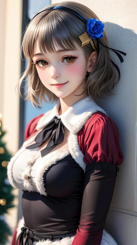 (((solo))), 1 woman, LOVELIVE! Sakuya Kurobane, sakuyaunif, kurobane_sakuya, short hair, grey hair, black hairband, blue hair flower, brown eyes, red eyeliner, chest, blush, smile, (upper body), santa claus