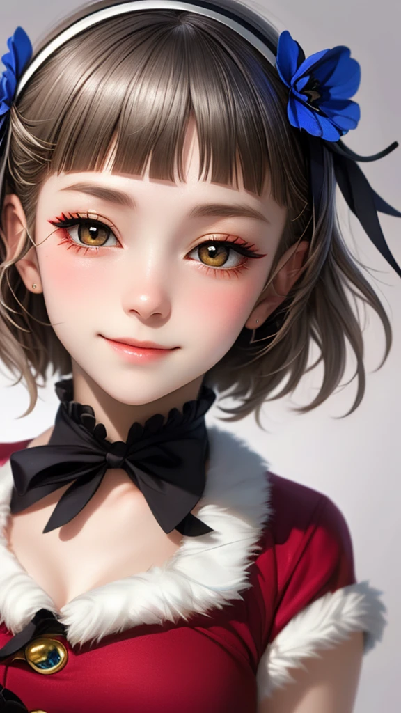 (((solo))), 1 woman, LOVELIVE! Sakuya Kurobane, sakuyaunif, kurobane_sakuya, short hair, grey hair, black hairband, blue hair flower, brown eyes, red eyeliner, chest, blush, smile, (upper body), santa claus